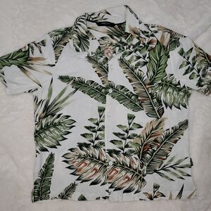 Kenneth Cole  Green and White Tropical Button Down Shirt with Botanical Print